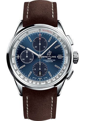 Breitling Premier Chronograph Watch - 42mm Steel Case - Blue Dial - Brown Nubuck Strap - A13315351C1X1