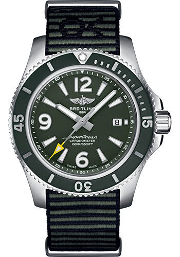 Breitling Superocean Automatic 44 Outerknown Watch - Stainless Steel - Green Dial - Khaki Green Econyl® Yarn Strap - Tang Buckle - A17367A11L1W1