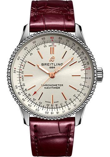 Breitling Navitimer Automatic 35 Watch - Stainless Steel - Silver Dial - Burgundy Alligator Leather Strap - Folding Buckle - A17395F41G1P2
