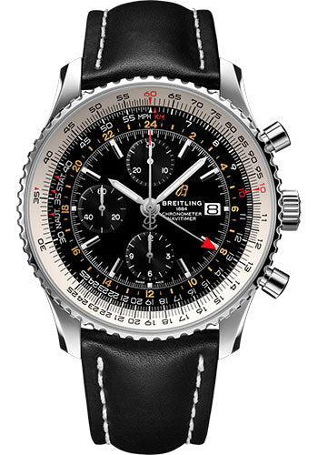 Breitling Navitimer Chronograph GMT 46 Watch - Steel - Black Dial - Black Leather Strap - Tang Buckle - A24322121B2X1