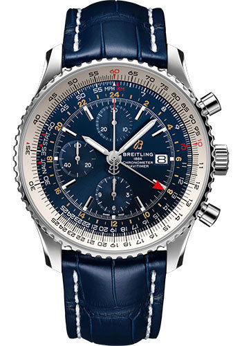 Breitling Navitimer Chronograph GMT 46 Watch - Steel - Blue Dial - Blue Croco Strap - Tang Buckle - A24322121C2P1