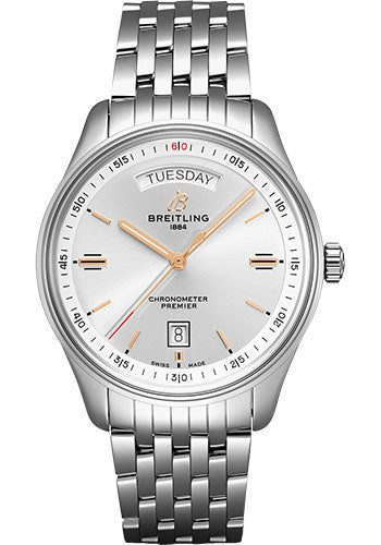 Breitling Premier Automatic Day & Date Watch - 40mm Steel Case - Silver Dial - Steel Bracelet - A45340211G1A1
