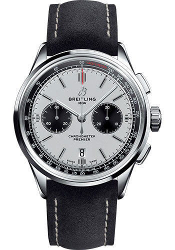 Breitling Premier B01 Chronograph Watch - 42mm Steel Case - Silver Dial - Anthracite Nubuck Strap - AB0118221G1X1