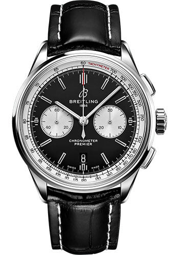 Breitling Premier B01 Chronograph 42 Watch - Stainless Steel - Black Dial - Black Alligator Leather Strap - Tang Buckle - AB0118371B1P2