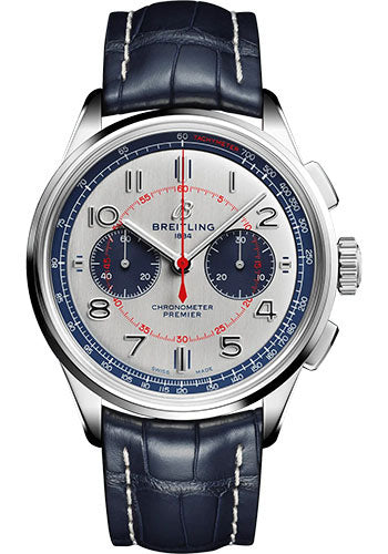 Breitling Premier B01 Chronograph 42 Bentley Mulliner Limited Edition Watch - Stainless Steel - Silver Dial - Blue Alligator Leather Strap - Tang Buckle Limited Edition of 1000 - AB0118A71G1P2