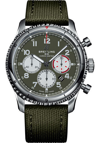 Breitling Aviator 8 B01 Chronograph 43 Curtiss Warhawk Watch - Steel - Green Dial - Khaki Green Military Strap - Folding Buckle - AB01192A1L1X2