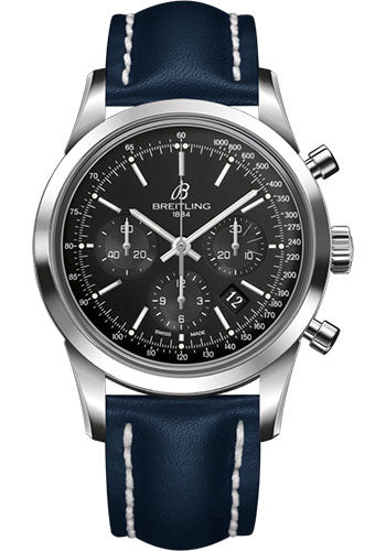 Breitling Transocean Chronograph Watch - Steel - Black Dial - Blue Leather Strap - Tang Buckle - AB015212/BA99/105X/A20BA.1