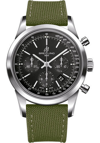 Breitling Transocean Chronograph Watch - Steel - Black Dial - Khaki Green Military Strap - Tang Buckle - AB015212/BA99/106W/A20BA.1