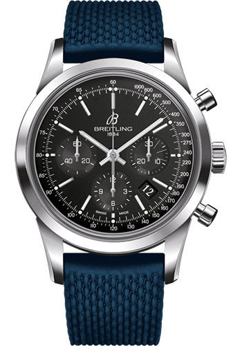 Breitling Transocean Chronograph Watch - Steel - Black Dial - Blue Rubber Aero Classic Strap - Folding Buckle - AB015212/BA99/281S/A20D.2