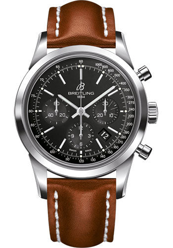 Breitling Transocean Chronograph Watch - Steel - Black Dial - Gold Leather Strap - Tang Buckle - AB015212/BA99/433X/A20BA.1