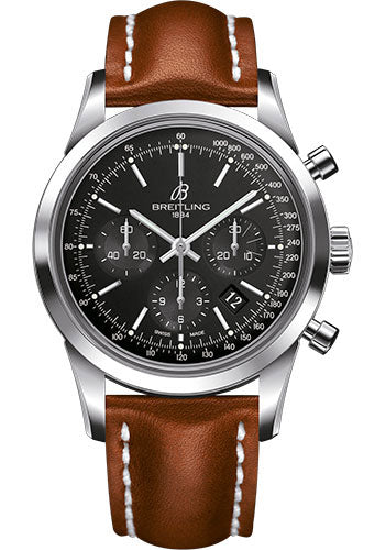 Breitling Transocean Chronograph Watch - Steel - Black Dial - Gold Leather Strap - Folding Buckle - AB015212/BA99/434X/A20D.1
