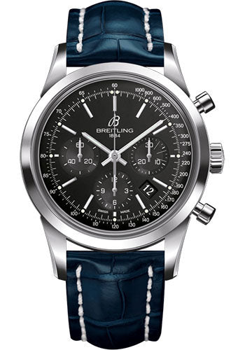 Breitling Transocean Chronograph Watch - Steel - Black Dial - Blue Croco Strap - Folding Buckle - AB015212/BA99/732P/A20D.1