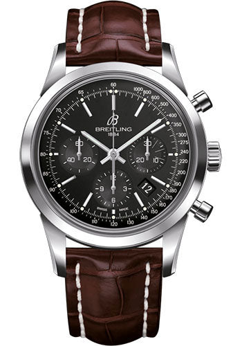 Breitling Transocean Chronograph Watch - Steel - Black Dial - Brown Croco Strap - Tang Buckle - AB015212/BA99/739P/A20BA.1