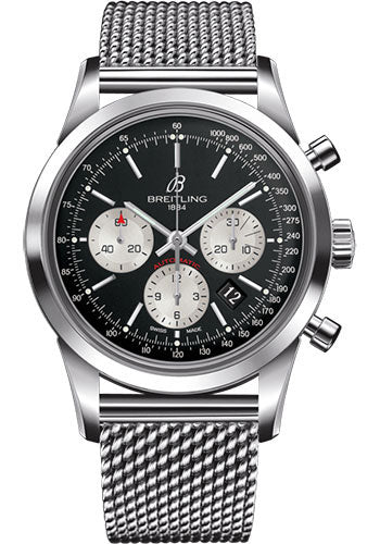 Breitling Transocean Chronograph Watch - Steel - Black Dial - Steel Bracelet - AB015212/BF26/154A