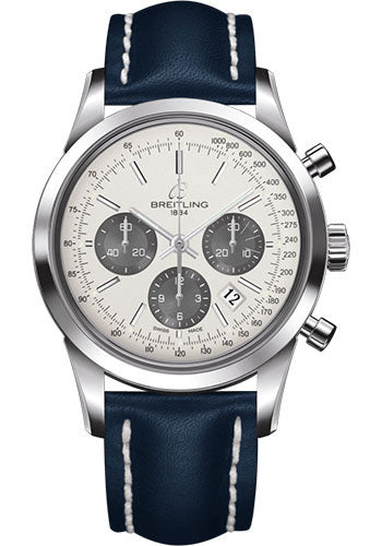Breitling Transocean Chronograph Watch - Steel - Mercury Silver Dial - Blue Leather Strap - Tang Buckle - AB015212/G724/105X/A20BA.1