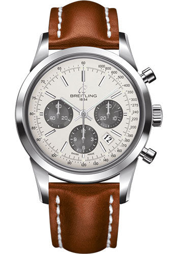 Breitling Transocean Chronograph Watch - Steel - Mercury Silver Dial - Gold Leather Strap - Tang Buckle - AB015212/G724/433X/A20BA.1