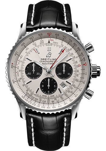 Breitling Navitimer B03 Chronograph Rattrapante 45 Watch - Steel - Silver Dial - Black Alligator Strap - Tang Buckle - AB0310211G1P2