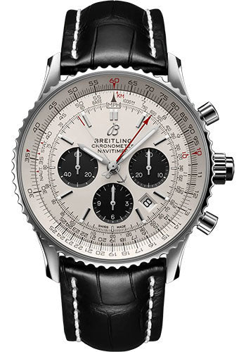 Breitling Navitimer B03 Chronograph Rattrapante 45 Watch - Stainless Steel - Silver Dial - Black Alligator Leather Strap - Tang Buckle - AB0311211G1P2