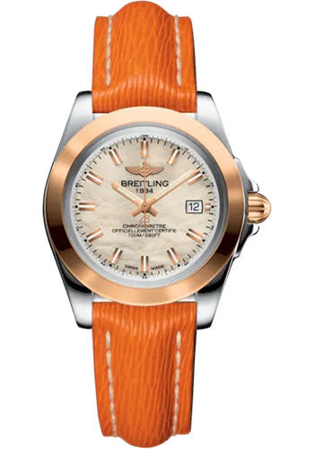 Breitling Galactic 32 Sleek Watch - Steel and 18K Rose Gold - Mother-Of-Pearl Dial - Orange Calfskin Leather Strap - Tang Buckle - C71330121A1X1