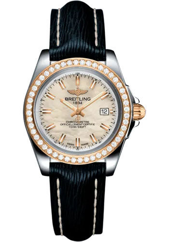 Breitling Galactic 32 Sleek Watch - Steel and 18K Rose Gold - Mother-Of-Pearl Dial - Blue Calfskin Leather Strap - Tang Buckle - C71330531A1X1