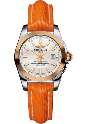 Breitling Galactic 29 Sleek Watch - Stainless Steel - Mother-Of-Pearl Dial - Orange Calfskin Leather Strap - Tang Buckle - C72348121A1X1