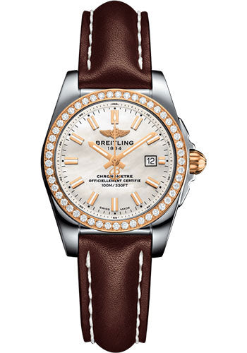 Breitling Galactic 29 Sleek Watch - Steel & rose Gold, gem-set bezel - Mother-Of-Pearl Dial - Brown Leather Strap - Tang Buckle - C7234853/A791/484X/A12BA.1