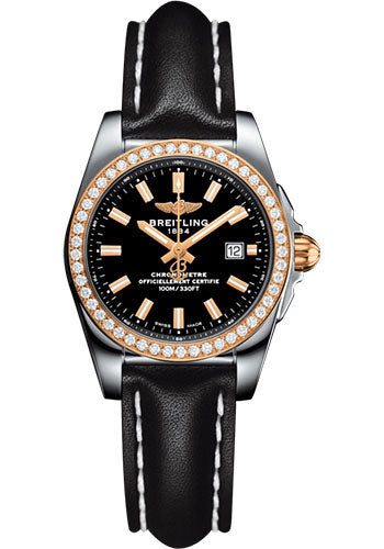 Breitling Galactic 29 Sleek Watch - Steel & rose Gold, gem-set bezel - Trophy Black Dial - Black Leather Strap - Tang Buckle - C7234853/BF32/477X/A12BA.1