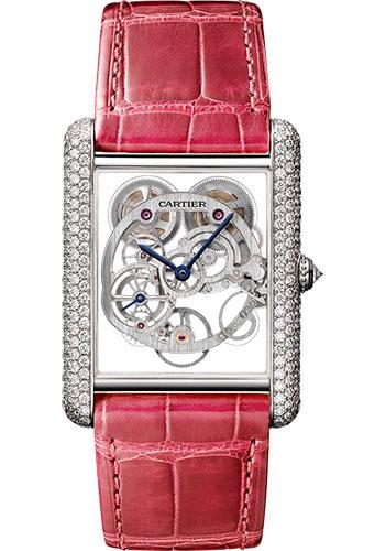 Cartier Feminine Complications Watch - 30 mm White Gold Diamond Case - Diamond Bezel - Silver Dial - Fuchsia Alligator Strap - HPI00705