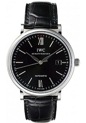 IWC Portofino Automatic Watch - 40 mm Stainless Steel Case - Black Dial - Black Alligator Strap - IW356502