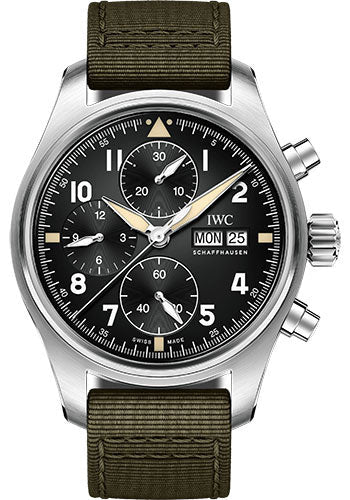 IWC Pilot's Watch Chronograph Spitfire - 41.0 mm Stainless Steel Case - Black Dial - Green Textile Strap - IW387901