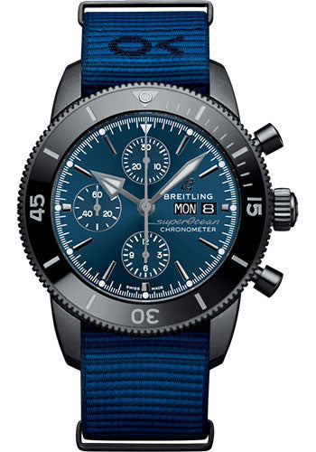 Breitling Superocean Heritage Chronograph 44 Outerknown Watch - Black steel - Blue Dial - Taffetas Dark Blue Nato Strap - Tang Buckle - M133132A1C1W1