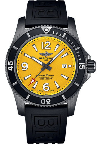 Breitling Superocean Automatic 46 Black Steel Watch - DLC-Coated Stainless Steel - Yellow Dial - Black Rubber Strap - Folding Buckle - M17368D71I1S2