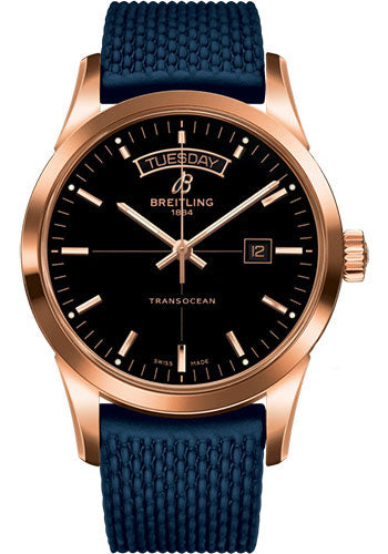Breitling Transocean Day & Date Watch - 18k Red Gold - Black Dial - Blue Rubber Aero Classic Strap - R4531012/BB70/281S/R20D.3