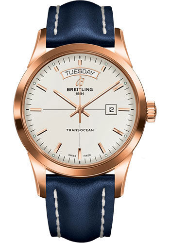 Breitling Transocean Day & Date Watch - 18k Red Gold - Mercury Silver Dial - Blue Leather Strap - Tang Buckle - R4531012/G752/105X/R20BA.1