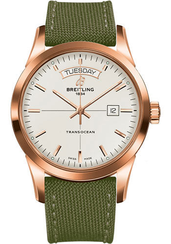 Breitling Transocean Day & Date Watch - 18k Red Gold - Mercury Silver Dial - Khaki Green Military Strap - Tang Buckle - R4531012/G752/106W/R20BA.1