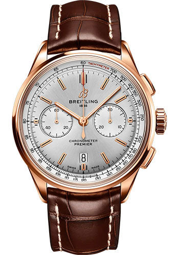 Breitling Premier B01 Chronograph 42 Watch - 18K Red Gold - Silver Dial - Brown Alligator Leather Strap - Tang Buckle - RB0118371G1P1