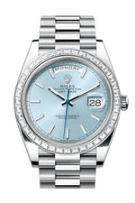 Rolex Day-Date 40 Ice Blue Dial Baguette Diamond Bezel Platinum President Men's Watch 228396TBR