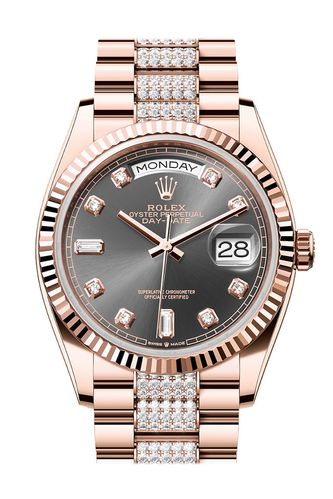 Rolex Day-Date 36 Slate Diamond Dial Fluted Bezel 18K Everose gold Diamond President Watch 128235