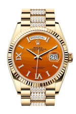 Rolex Day-Date 36 Carnelian Dial Gold Fluted Bezel Diamond Bracelet Yellow Gold Watch 128238