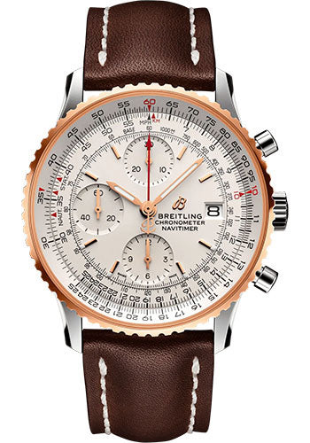 Breitling Navitimer Chronograph 41 Watch - Steel and 18K Red Gold - Silver Dial - Brown Calfskin Leather Strap - Folding Buckle - U13324211G1X2