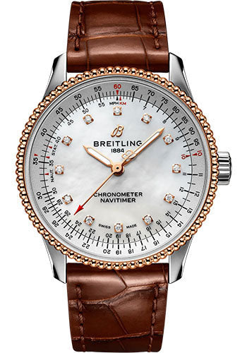 Breitling Navitimer Automatic 35 Watch - Steel and 18K Rose Gold - Mother-Of-Pearl Dial - Brown Alligator Leather Strap - Tang Buckle - U17395211A1P1
