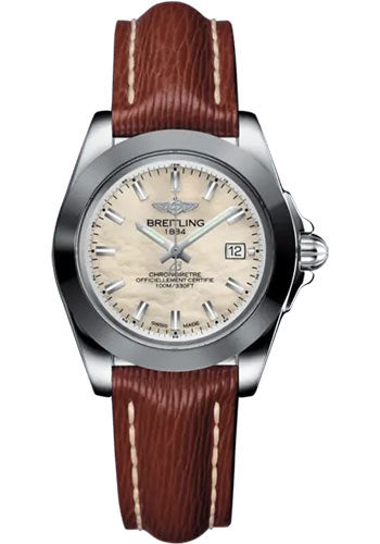 Breitling Galactic 32 Sleek Watch - Steel and Tungsten - Mother-Of-Pearl Dial - Brown Calfskin Leather Strap - Tang Buckle - W71330121A2X1