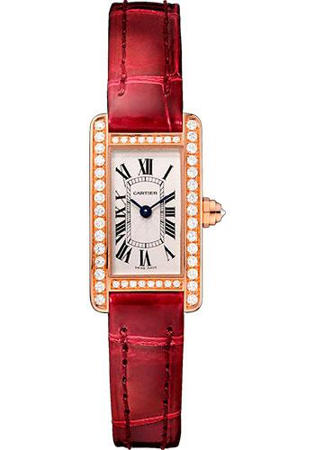 Cartier Tank Americaine Watch - 27 mm Pink Gold Diamond Case - Diamond Bezel - Diamond Dial - Red Strap - WB710014