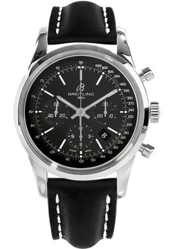 Breitling Transocean 01 Chronograph Watch - 43mm Steel Case - Black Dial - Black Leather Strap - AB015212/BA99/436X/A20D.1