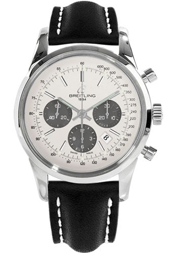 Breitling Transocean 01 Chronograph Watch - 43mm Steel Case - Mercury Silver Dial - Black Leather Strap - AB015212/G724/436X/A20D.1