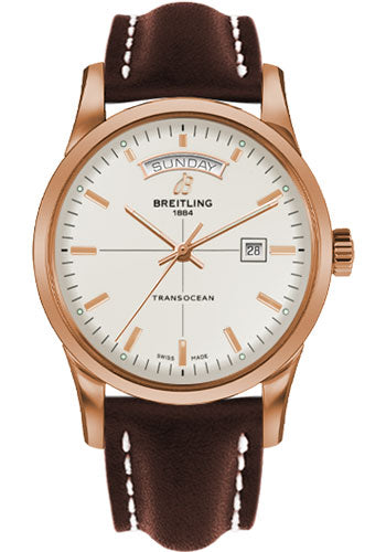 Breitling Transocean Day & Date Watch - 43mm Red Gold Case - Mercury Silver Dial - Brown Leather Strap - R4531012/G752/438X/R20D.1